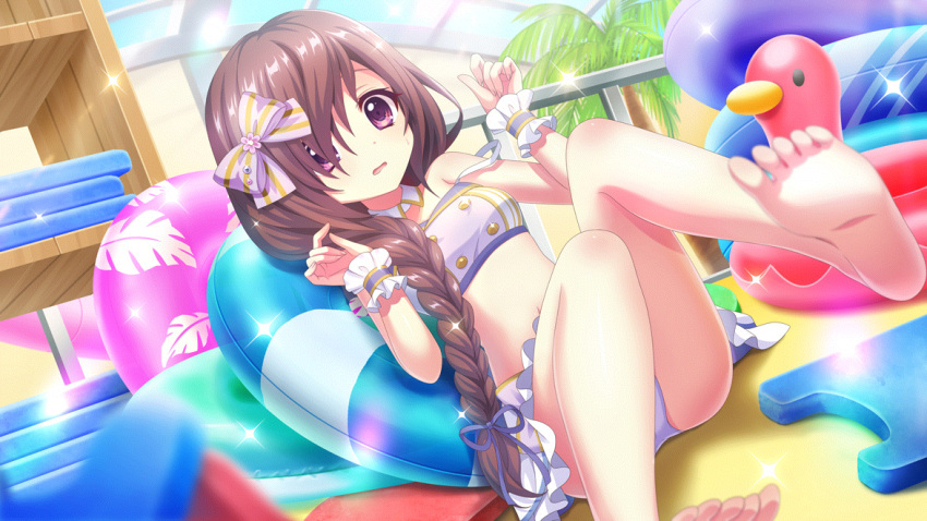 bikini bikini_skirt blue_innertube blue_sky breasts brown_hair day detached_collar dot_nose duck_innertube dutch_angle fallen_down feet female film_grain game_cg glass_ceiling green_innertube hair_ribbon hands_up indoors izumi_tsubasu leaf_print long_braid long_hair mizushino_sono non-web_source official_art on_floor open_mouth pink_innertube print_innertube purple_bikini purple_eyes purple_ribbon purple_wrist_cuffs railing re:stage! red_innertube ribbon sky small_breasts small_sweatdrop soles solo sparkle strap_slip sunlight swimsuit toes very_long_hair water_slide waterpark wrist_cuffs