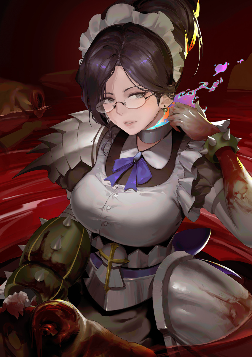 absurdres armor armored_dress black_dress black_eyes blood bracelet breasts dress dullahan female gauntlets glasses hair_bun headless highres jewelry joehongtee large_breasts looking_at_viewer maid_headdress overlord_(maruyama) solo spiked_bracelet spikes yuri_alpha