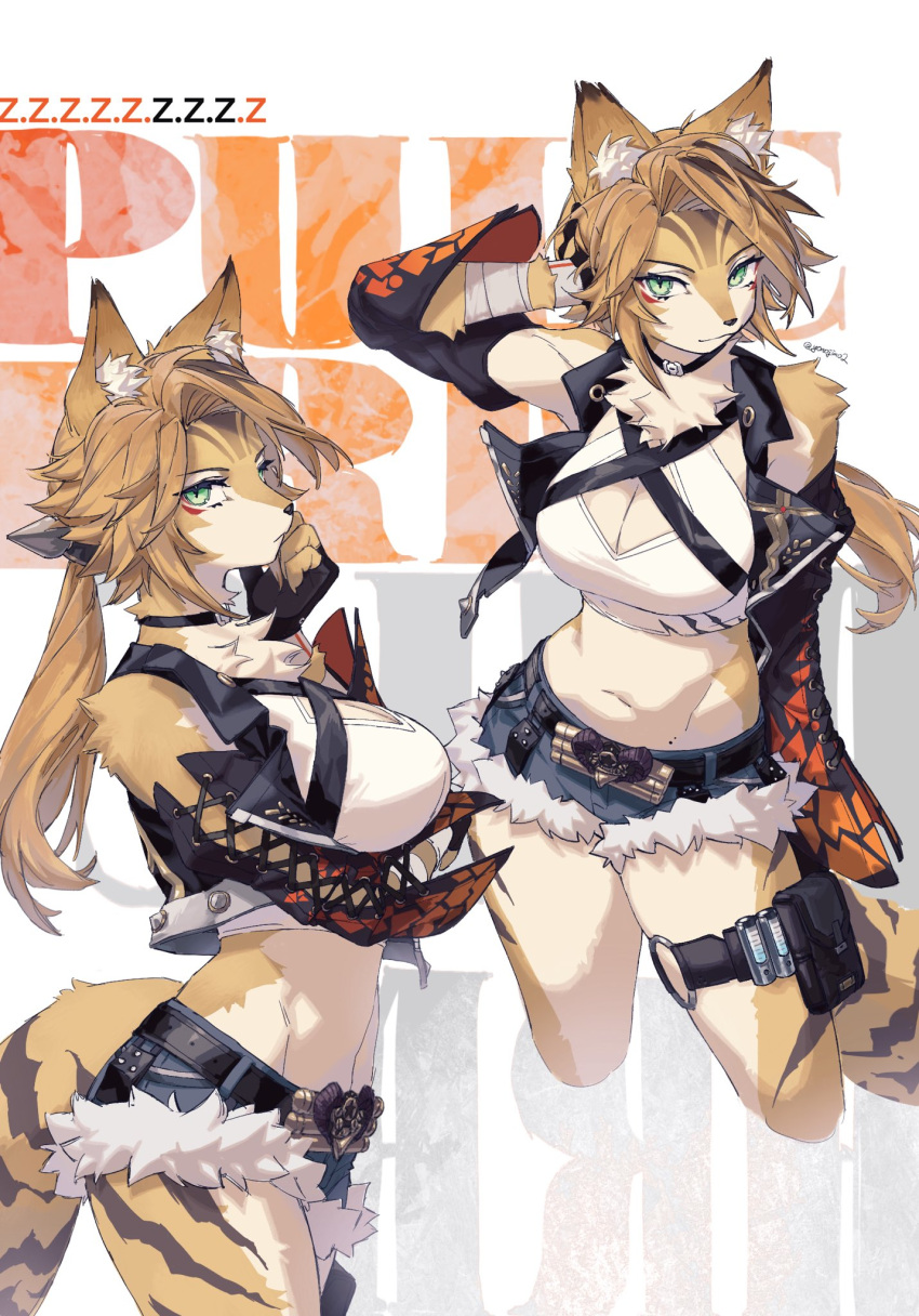 animal_ear_fluff animal_ears black_gloves blonde_hair body_fur breasts cat_ears cat_girl cross-laced_clothes cross-laced_gloves denim denim_shorts female fur-trimmed_shorts fur_trim furry furry_female gloves green_eyes highres jacket large_breasts looking_at_viewer pulchra short_shorts shorts smile tail yellow_fur yonojimo_ciix zenless_zone_zero