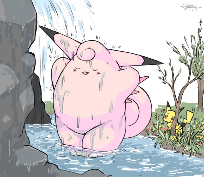 2024 absurd_res ambiguous_gender anthro bathing bluescape735 blush blush_lines bodily_fluids clefable closed_eyes duo embarrassed feral generation_1_pokemon heart_symbol hi_res nintendo open_mouth partially_submerged paws pikachu pink_body plant pokemon pokemon_(species) showering signature sweat teeth tree voyeur waterfall waterfall_shower wet wet_body yellow_body