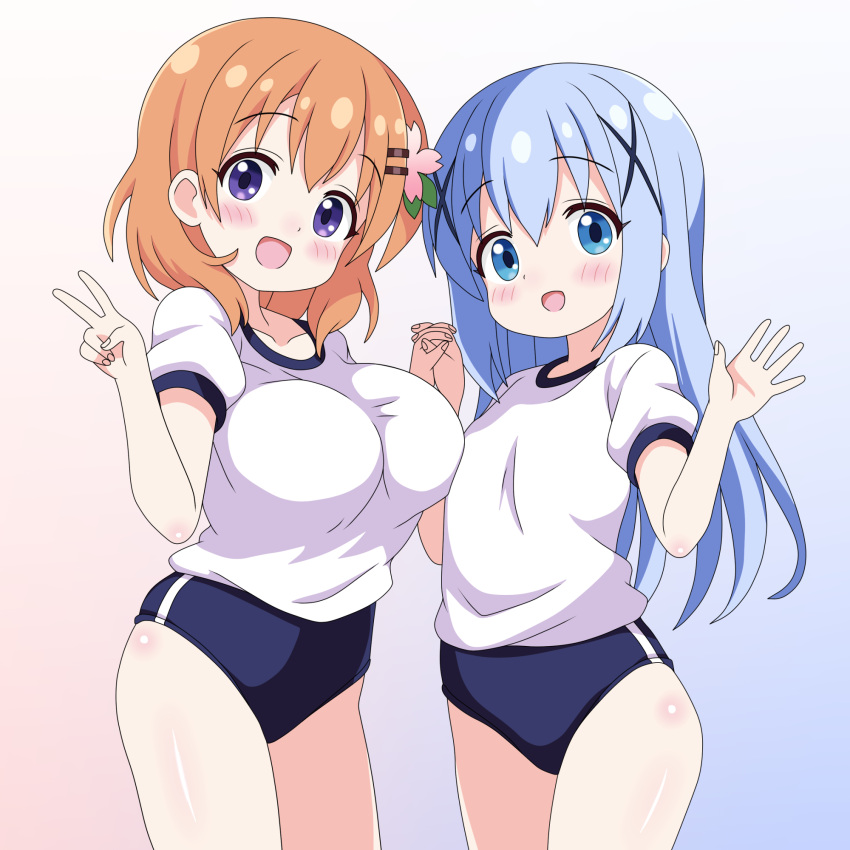 blue_buruma blue_eyes blue_hair breasts brown_eyes buruma female flat_chest flower gochuumon_wa_usagi_desu_ka? gradient_background gym_shirt gym_uniform hair_flower hair_ornament highres holding_hands hoto_cocoa kafuu_chino large_breasts long_hair sakuzo shirt short_hair solo t-shirt v waving white_shirt x_hair_ornament