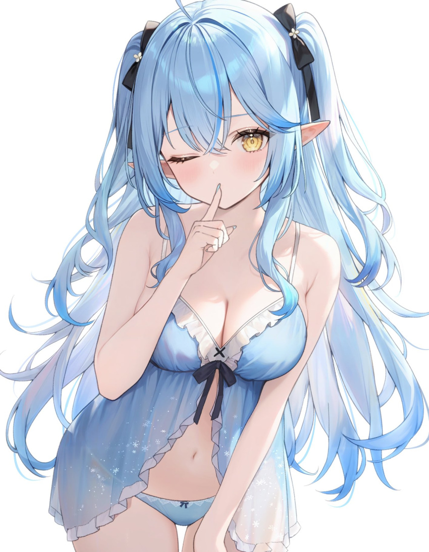 aria_(ariacue) babydoll black_ribbon blue_babydoll blue_hair blue_panties breasts cleavage commentary cowboy_shot female finger_to_mouth hair_ribbon highres hololive index_finger_raised large_breasts long_hair navel one-eyed one_eye_closed panties pointy_ears ribbon simple_background solo two_side_up underwear virtual_youtuber white_background yellow_eyes yukihana_lamy