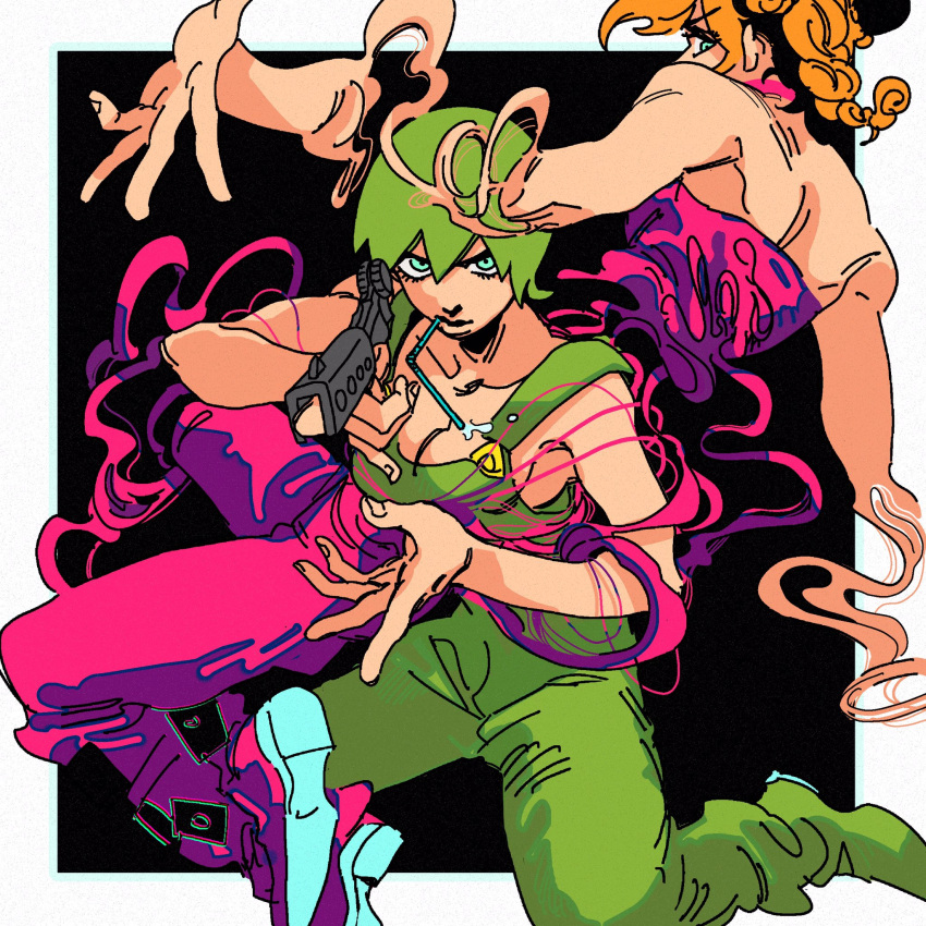 2girls blonde_hair blue_eyes border braid braided_ponytail breasts cleavage drinking_straw finger_gun foo_fighters_(jojo) green_hair green_overalls hair_bun highres inkmorechatta jojo_no_kimyou_na_bouken kujo_jolyne multicolored_hair multiple_girls overalls short_hair stone_ocean string two-tone_hair unraveling white_border