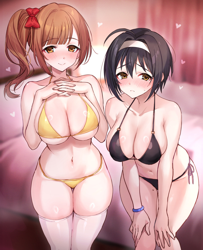 2girls absurdres ahoge alternate_costume bare_legs bikini black_bikini black_hair blush breasts brown_hair commission feet_out_of_frame hair_intakes halterneck heart highres idolmaster idolmaster_cinderella_girls igarashi_kyoko implied_threesome indoors kohinata_miho large_breasts leaning_forward looking_at_viewer multiple_girls natsu_(nattiyann) navel pixiv_commission short_hair side_ponytail skindentation smile stomach string_bikini swimsuit thighhighs white_thighhighs yellow_bikini