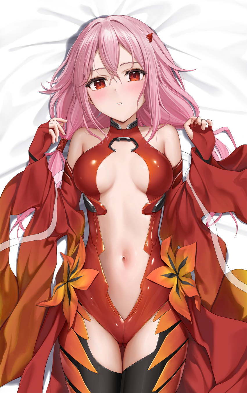 absurdres black_thighhighs blush breasts center_opening dakimakura_(medium) elbow_gloves female fingerless_gloves gloves guilty_crown hair_between_eyes hair_ornament hairclip highres keine09 leotard long_hair looking_at_viewer lying navel on_back pink_eyes pink_hair red_gloves red_leotard solo stomach thighhighs thighs twintails yuzuriha_inori