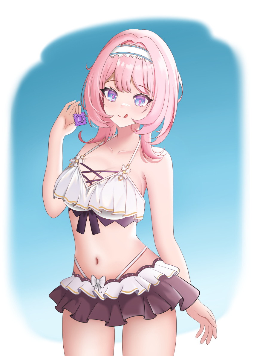 absurdres aozora_14_(pixiv_32699688) bare_shoulders bikini bikini_skirt blue_eyes breasts cleavage collarbone condom cowboy_shot elysia_(honkai_impact) elysia_(miss_pink_elf)_(honkai_impact) elysia_(summer_miss_elf)_(honkai_impact) english_commentary hairband highres holding holding_condom honkai_(series) honkai_impact_3rd large_breasts medium_hair navel official_alternate_costume pink_hair stomach swimsuit thighs tongue tongue_out two-tone_background white_hairband