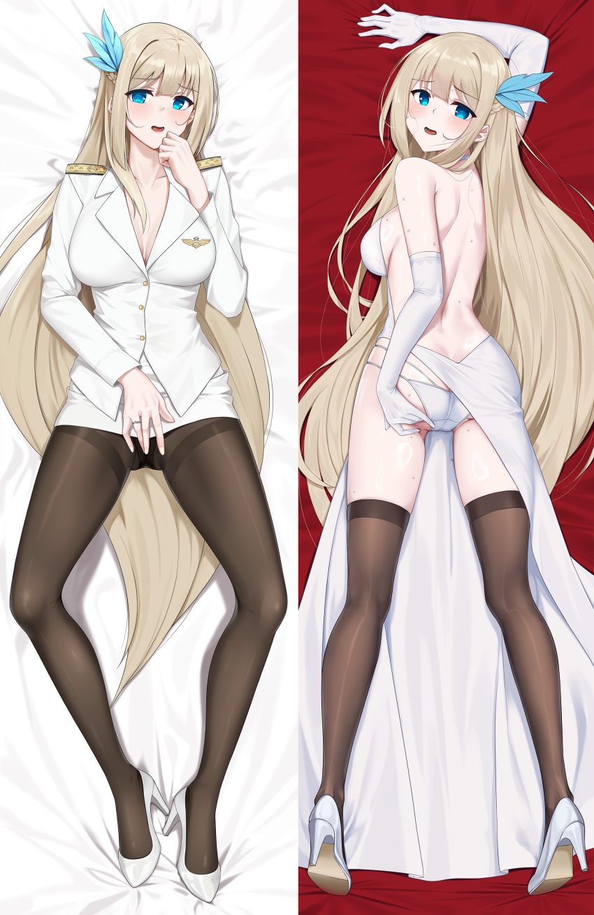 absurdres ass black_pantyhose black_thighhighs blonde_hair blue_eyes breasts dakimakura_(medium) dress elbow_gloves epaulettes feather_hair_ornament feathers female gloves hair_ornament high_heels highres large_breasts lexington_(warship_girls_r) long_hair long_sleeves miniskirt mr.blackcat666 panties pantyhose skirt sleeveless sleeveless_dress thighband_pantyhose thighhighs underwear very_long_hair warship_girls_r white_dress white_footwear white_gloves white_panties white_skirt