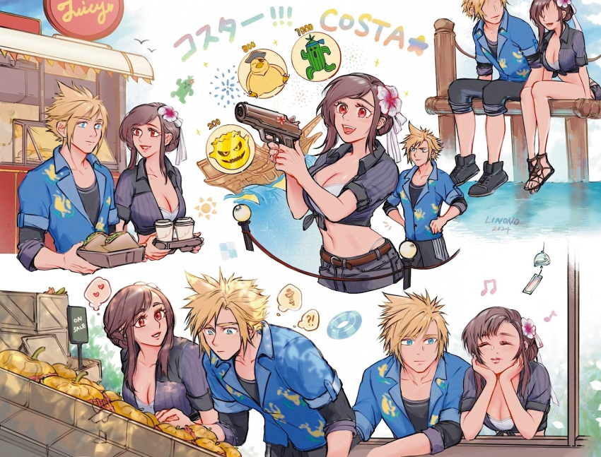 1boy black_hair blonde_hair bomb_(final_fantasy) breasts cleavage cloud_strife cloud_strife_(ocean_chocobo) couple crop_top fat_chocobo female final_fantasy final_fantasy_vii final_fantasy_vii_rebirth final_fantasy_vii_remake flower front-tie_top hair_flower hair_ornament hawaiian_shirt highres linono official_alternate_costume official_alternate_hairstyle pier sabotender sandals shirt short_shorts shorts sitting spiked_hair straight thought_bubble tifa_lockhart tifa_lockhart_(majestic_glamour) water wind_chime