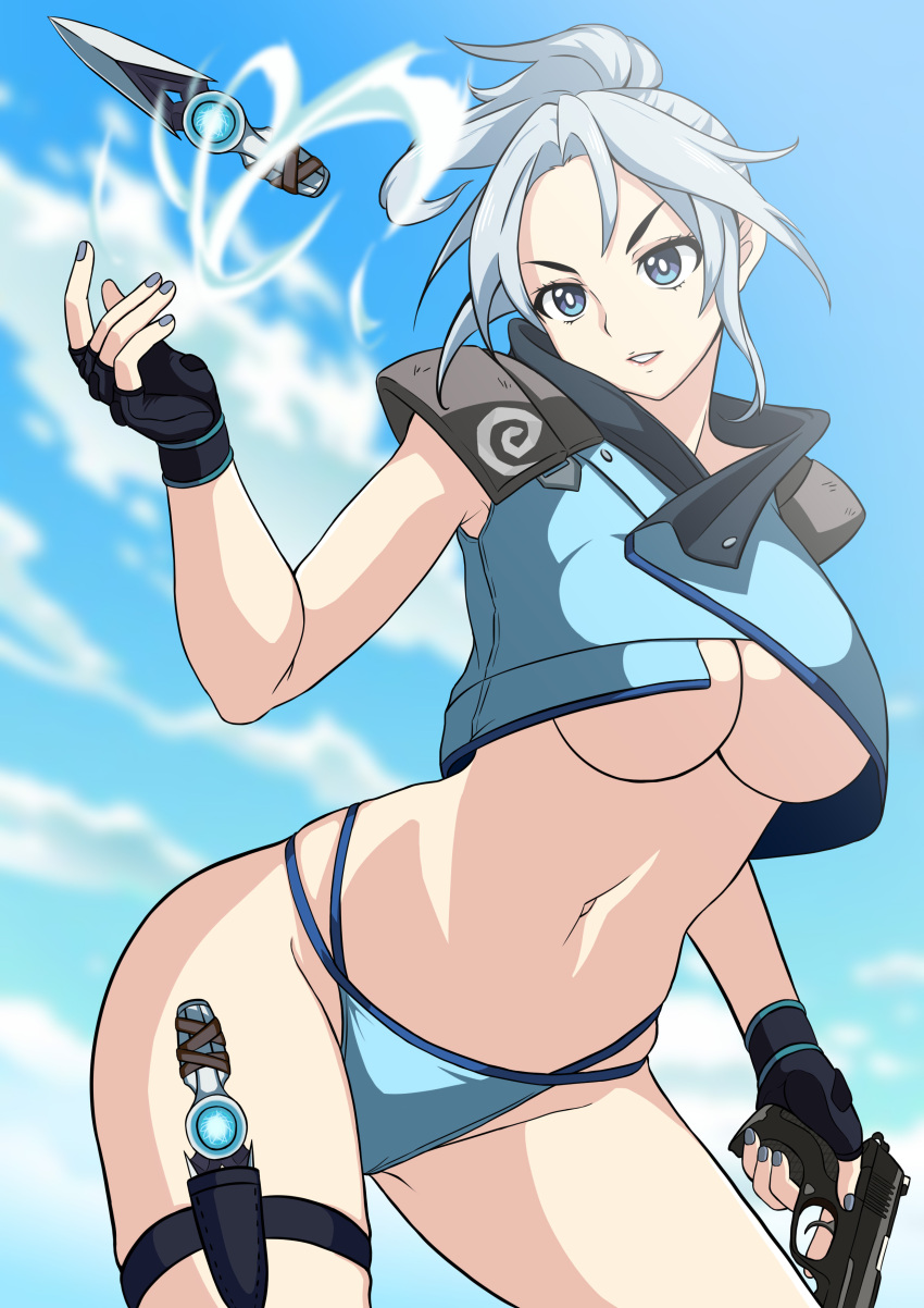 absurdres animification bikini bikini_bottom_only black_gloves blue_eyes blue_nails breasts bright_pupils cloud cropped_jacket dzombi female fingerless_gloves floating_hair gloves grey_hair groin gun handgun head_tilt highres holding holding_gun holding_weapon jett_(valorant) knife medium_breasts navel parted_lips ponytail short_hair sky sleeveless sleeveless_jacket solo swimsuit thigh_strap underboob v-shaped_eyebrows valorant weapon white_pupils wind