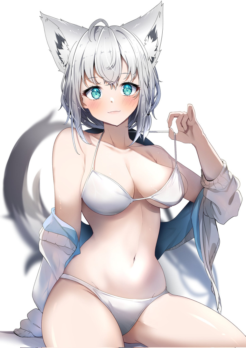 amato_0321 animal_ears arm_support bare_shoulders bikini blue_eyes braid breasts cleavage collarbone female fox_ears fox_girl fox_tail grey_hair hair_between_eyes hand_up highres hololive jacket lifting_own_clothes long_sleeves medium_breasts navel off_shoulder open_clothes open_jacket puffy_long_sleeves puffy_sleeves shirakami_fubuki simple_background sleeves_past_fingers sleeves_past_wrists solo strap_lift swimsuit tail virtual_youtuber white_background white_bikini white_jacket