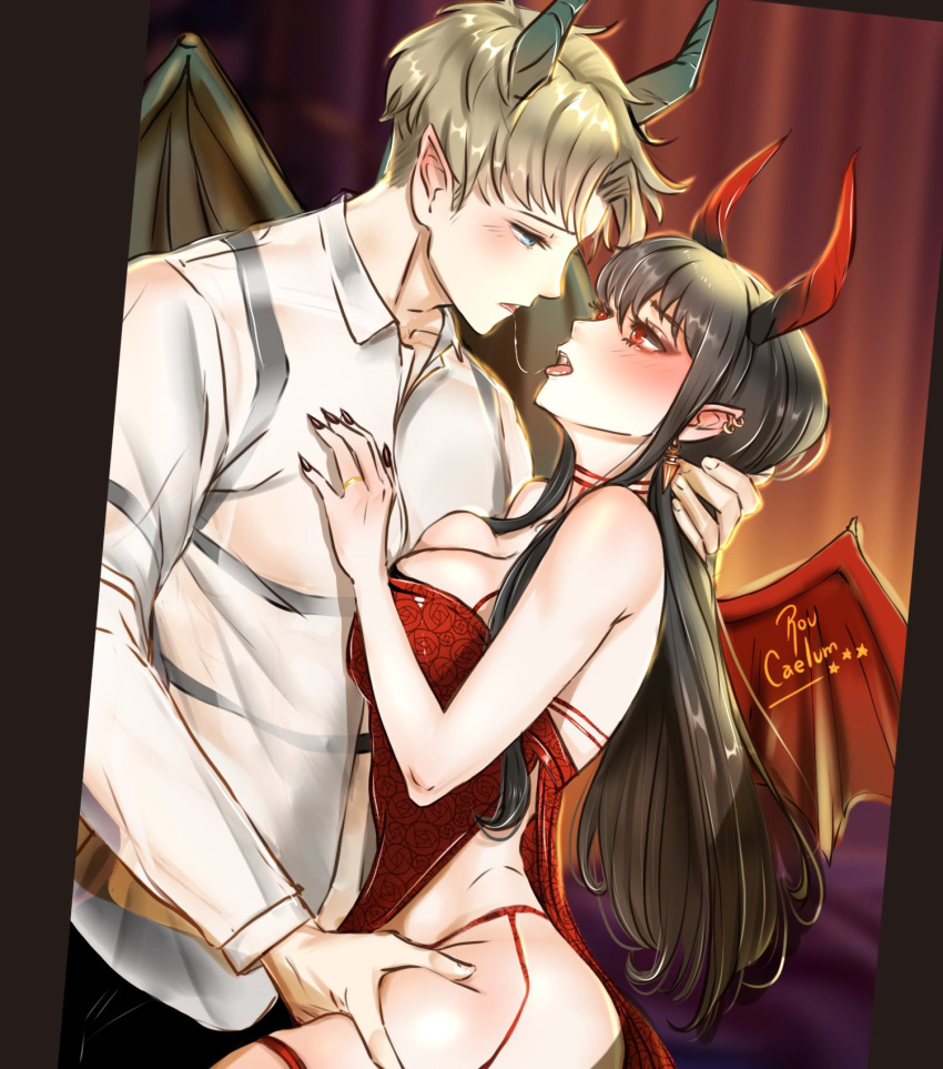 1boy bare_shoulders blonde_hair blush breasts cleavage collared_shirt demon_boy demon_girl demon_horns demon_wings dress earrings eye_contact female fingernails from_side garter_straps highres horns jewelry looking_at_another nail_polish pointy_ears red_dress red_eyes red_nails rou_uor saliva saliva_trail sharp_fingernails shirt short_hair spy_x_family tongue tongue_out twilight_(spy_x_family) white_shirt wings yor_briar