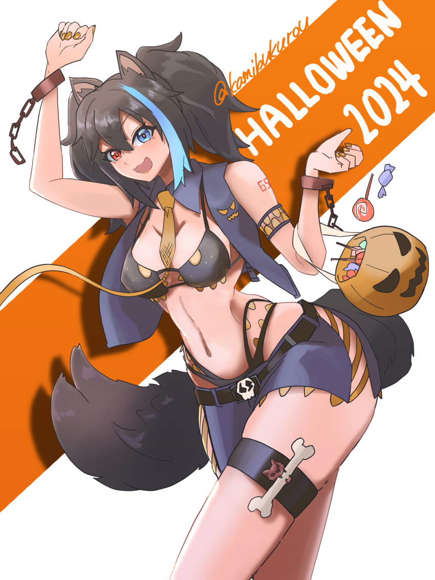 alternate_costume animal_ears arm_tattoo arm_up armband belt bikini black_belt black_hair blue_eyes blue_jacket blue_shorts blush bone candy cat_ears chains cowboy_shot female food groin hand_up heterochromia highres jacket kamishiro_irou legwear_garter micro_shorts necktie number_tattoo open_clothes open_jacket open_mouth pumpkin red_eyes red_tattoo shorts solo swimsuit tail tankini tattoo twintails utau yellow_necktie yokune_ruko