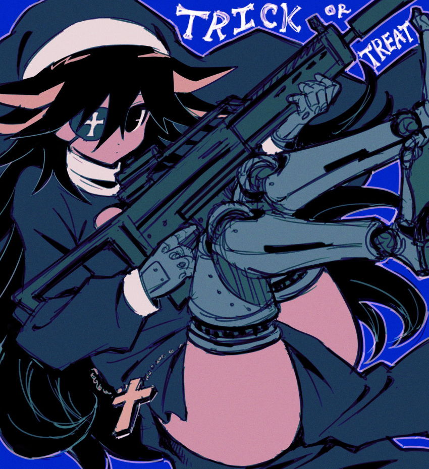 1boy black_hair cross crossdressing english_commentary eyepatch fudo_yusei gun halloween highres holding holding_gun holding_weapon long_hair long_sleeves male_focus mechanical_hands mechanical_legs multicolored_hair nikumankudasaii nun spiked_hair streaked_hair thighs trick_or_treat weapon yu-gi-oh! yu-gi-oh!_5d's