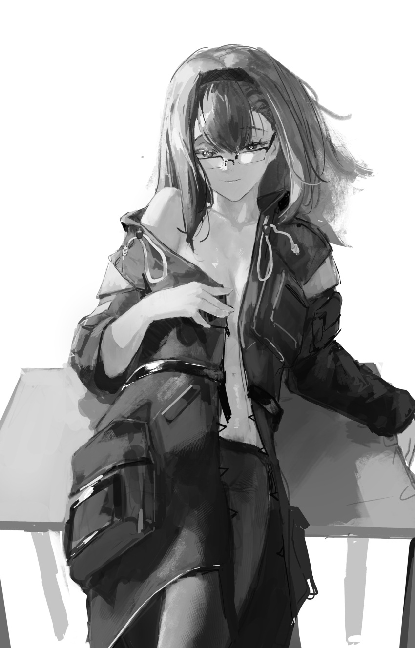 absurdres arknights black_jacket black_pantyhose bright_pupils closed_mouth commentary cowboy_shot english_commentary female gandy_(gan3e46) glasses greyscale hair_between_eyes hairband highres jacket long_hair long_sleeves looking_at_viewer lying monochrome naked_jacket no_bra on_back on_table open_clothes open_jacket pantyhose priestess_(arknights) simple_background single_bare_shoulder single_off_shoulder table white_background white_pupils