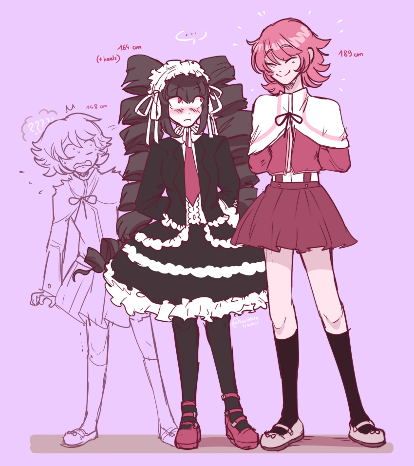 ... 1boy ? ?? alternate_height black_jacket black_pantyhose black_skirt black_socks blush celestia_ludenberg danganronpa:_trigger_happy_havoc danganronpa_(series) female frilled_skirt frills frown fujisaki_chihiro full_body highres jacket kneehighs layered_skirt looking_at_another neck_ribbon necktie open_clothes open_jacket pantyhose red_footwear red_necktie ribbon simple_background skirt smile socks speech_bubble standing straight sweat twinklelitchii