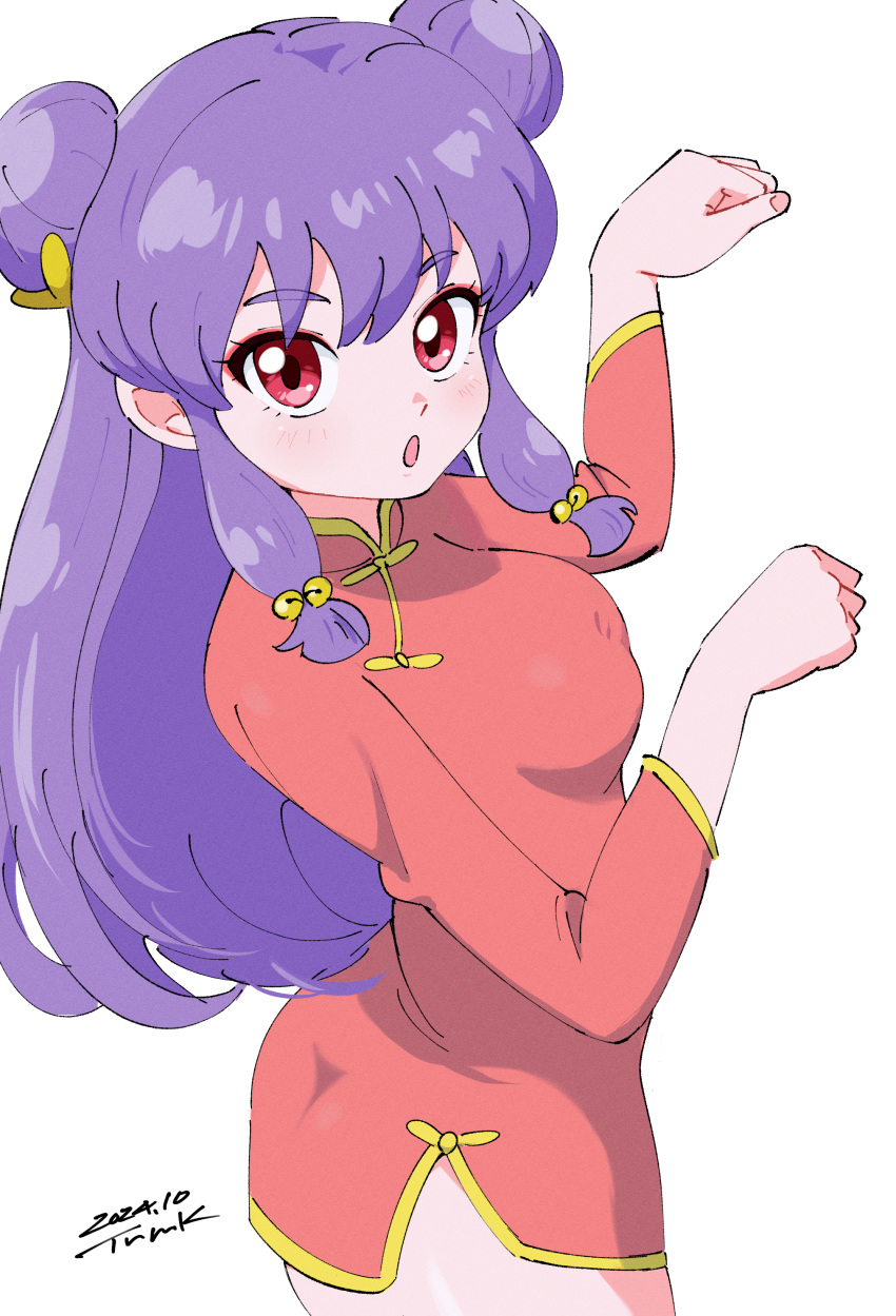 absurdres bell bun_cover china_dress chinese_clothes commentary_request dress female hair_bell hair_bun hair_ornament hanfu highres purple_hair ranma_1/2 shampoo_(ranma_1/2) solo tsunemoku