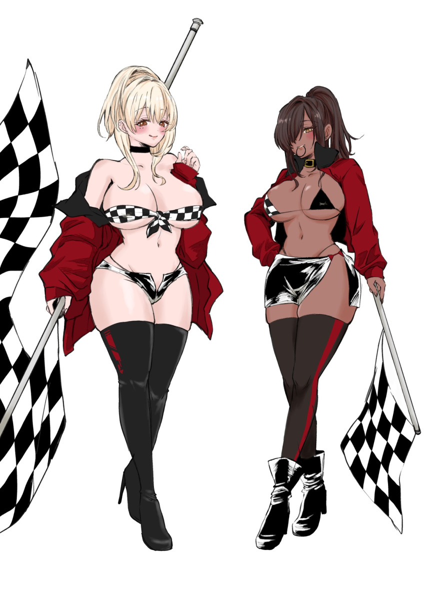 2girls belt_collar bikini boots breasts checkered_bikini checkered_clothes checkered_flag choker collar dark-skinned_female dark_skin flag full_body goddess_of_victory:_nikke highres holding holding_flag keimgm_13 large_breasts multiple_girls naga_(nikke) navel open_fly race_flag race_queen swimsuit thigh_boots thighhighs tia_(nikke)