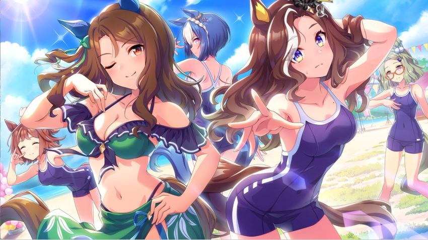 5girls ahoge air_messiah_(umamusume) animal_ears armpits ass bad_link balloon banner barefoot blue_hair blush braid breasts brown_hair cesario_(umamusume) cloud collarbone covered_navel crown_braid daring_heart_(umamusume) game_cg green_eyes green_hair highres horse_ears horse_girl king_halo_(umamusume) lens_flare long_hair medium_breasts mole mole_on_collarbone multiple_girls ocean odd_one_out official_alternate_costume official_art one_eye_closed outdoors purple_eyes rhein_kraft_(umamusume) school_swimsuit sky standing standing_on_one_leg sun sweatdrop swimsuit third-party_source tracen_swimsuit umamusume