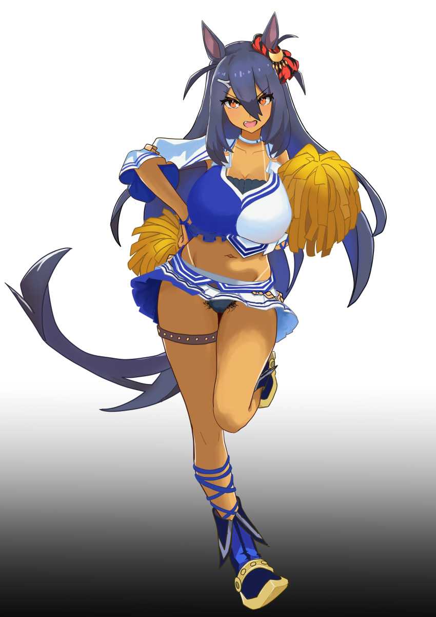 absurdres animal_ears bare_shoulders black_hair blue_hair blue_shirt blush breasts chai_z_(xzon) cleavage commentary_request dark-skinned_female dark_blue_hair dark_skin ear_ornament ear_scrunchie female full_body gradient_background hair_between_eyes hair_ornament hairclip highres hishi_amazon_(umamusume) holding holding_pom_poms horse_ears horse_girl horse_tail large_breasts long_hair looking_at_viewer midriff navel oerba_yun_fang open_mouth pom_pom_(cheerleading) red_eyes red_scrunchie sandals scrunchie shirt simple_background skirt smile solo standing tail thigh_strap two-tone_shirt umamusume v-shaped_eyebrows white_shirt white_skirt