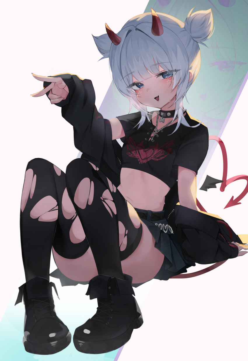 absurdres belt black_belt black_jacket black_shirt black_skirt black_thighhighs black_wings blue_eyes boots commentary_request crop_top demon_girl demon_horns demon_tail demon_wings detached_wings female fold-over_boots full_body gmuk gosegu hair_intakes hand_up highres horns jacket long_sleeves looking_at_viewer midriff mini_wings navel off_shoulder open_clothes open_jacket pleated_skirt puffy_long_sleeves puffy_sleeves shirt short_sleeves short_twintails skirt sleeves_past_wrists solo tail thighhighs thighhighs_under_boots torn_clothes torn_thighhighs twintails virtual_youtuber waktaverse wings