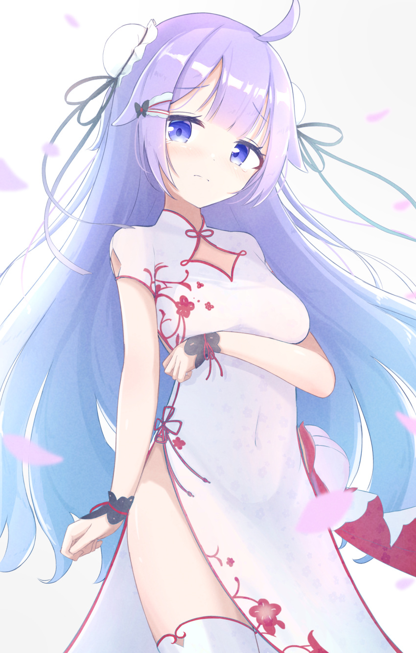 absurdres ahoge azur_lane black_ribbon black_wrist_cuffs bun_cover china_dress chinese_clothes cleavage_cutout clothing_cutout commentary_request covered_navel double_bun dress falling_petals floral_print hair_bun hair_ornament hair_ribbon highres long_bangs long_hair mashiro281 petals purple_eyes purple_hair raised_eyebrows red_ribbon ribbon shoulder_cutout side_slit sidelocks tears thighhighs unicorn_(azur_lane) unicorn_(the_gift_of_spring)_(azur_lane) white_dress wrist_cuffs