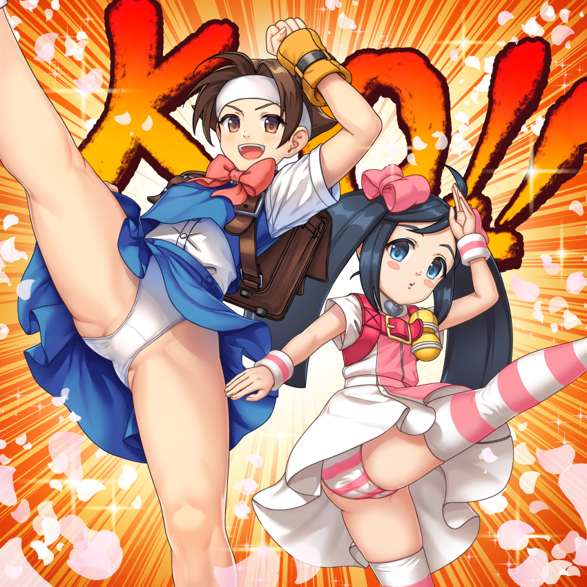 2girls :d absurdres agira blue_shirt blue_skirt blush_stickers bow brown_eyes brown_gloves brown_hair feet_out_of_frame fighting_stance flat_chest gloves headband high_kick highres justice_gakuen k.o. karuizawa_momo kicking leg_up looking_at_viewer multiple_girls panties pantyshot pink_bow pink_panties pink_petals school_uniform shirt short_hair short_sleeves skirt smile standing striped_clothes striped_panties striped_thighhighs taiyou_gakuen_uniform thighhighs twintails underwear wakaba_hinata white_headband white_panties