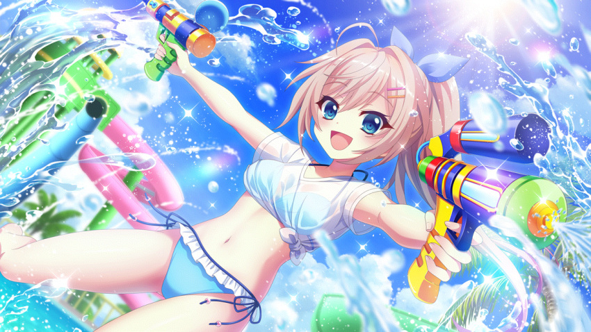 :d ahoge bikini bikini_under_clothes blue_bikini blue_bow blue_eyes blue_sky bow breasts cleavage cloud day dot_nose dual_wielding dutch_angle female film_grain frilled_bikini_bottom game_cg hair_intakes hair_ornament hairbow hairclip high_ponytail himura_nagisa holding izumi_tsubasu long_hair medium_breasts navel non-web_source official_art open_mouth outdoors palm_tree pink_hair pool railing re:stage! see-through_cleavage see-through_clothes shirt side-tie_bikini_bottom sky smile solo sparkle splashing spraying stomach sun swept_bangs swimsuit t-shirt tied_shirt tree wading water_drop water_gun water_slide waterpark wet wet_clothes wet_shirt white_shirt