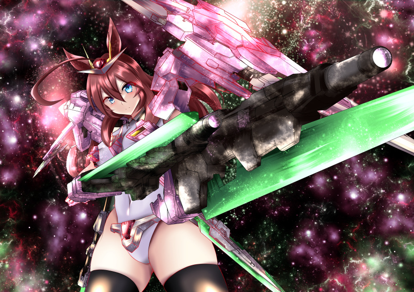 00_gundam_seven_sword absurdres ahoge beam_rifle black_thighhighs blue_eyes brown_hair energy_gun gundam gundam_00 highleg highleg_leotard highres horse_girl leotard long_hair mecha_musume mihono_bourbon_(umamusume) thighhighs umamusume w00l_09 weapon white_leotard