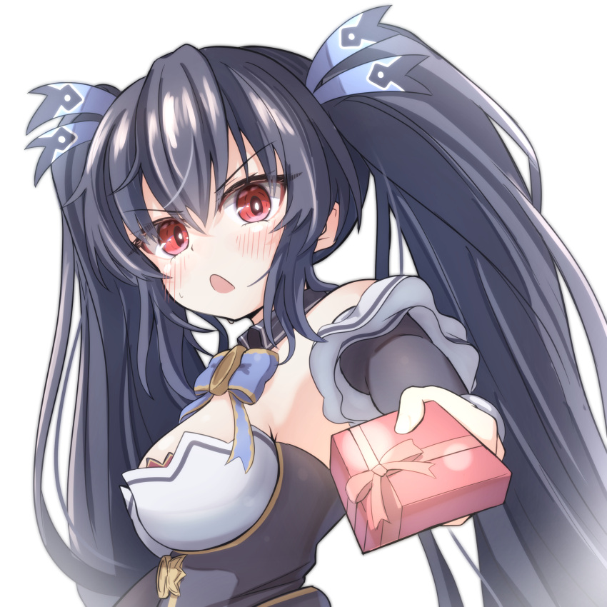 absurdres bare_shoulders black_hair black_sleeves blue_bow blush bow breasts commentary_request detached_sleeves female gift giving hair_between_eyes hair_ribbon highres holding holding_gift incoming_gift long_hair looking_at_viewer medium_breasts neptune_(series) noire_(neptunia) open_mouth red_eyes ribbon shionic_zm sidelocks simple_background solo sweatdrop twintails upper_body white_background