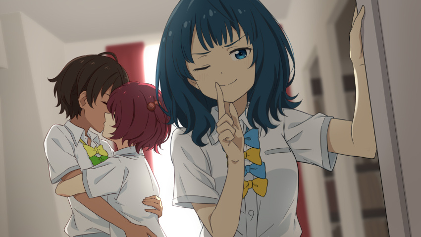 3girls blue_bow blue_bowtie blue_hair blurry blurry_background bow bowtie brown_hair closed_eyes collared_shirt commentary_request dark-skinned_female dark_skin finger_to_mouth green_bow green_bowtie hair_bobbles hair_ornament hand_on_another's_back highres hug indoors kissing komari_chika laofuzi_dai_bansho looking_at_viewer make_heroine_ga_oo_sugiru! md5_mismatch medium_hair multiple_girls mutual_hug one_eye_closed revision school_uniform shirt short_hair short_ponytail short_sleeves shushing side_ponytail smile upper_body white_shirt yakishio_lemon yanami_anna yellow_bow yellow_bowtie yuri