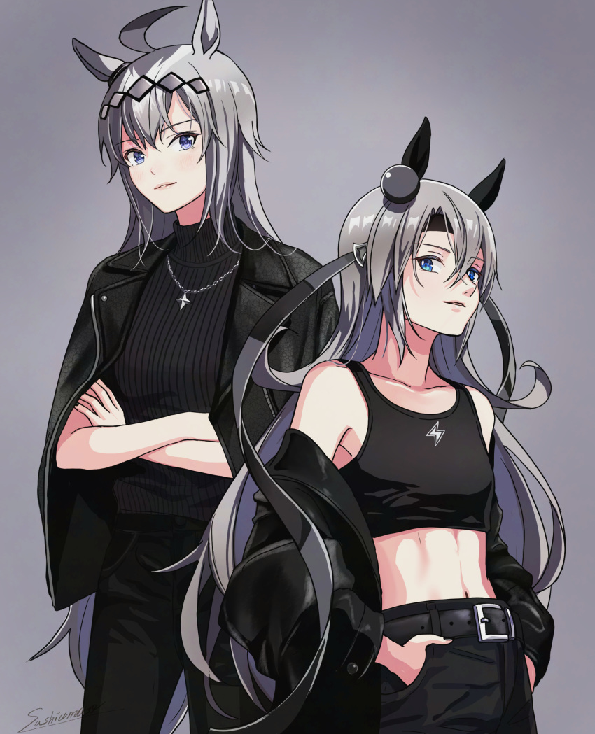 2girls absurdres ahoge animal_ears bare_shoulders belt belt_buckle black_belt black_jacket black_pants black_sports_bra blue_eyes breasts buckle commentary_request cowboy_shot crossed_arms ear_covers ear_ornament grey_background grey_hair hands_in_pockets highres horse_ears horse_girl horse_tail jacket jacket_on_shoulders jacket_partially_removed jewelry long_hair midriff multicolored_hair multiple_girls navel necklace oguri_cap_(umamusume) open_clothes open_jacket pants sashiumito short_sleeves signature simple_background small_breasts smile sports_bra streaked_hair sweater tail tamamo_cross_(umamusume) turtleneck turtleneck_sweater umamusume