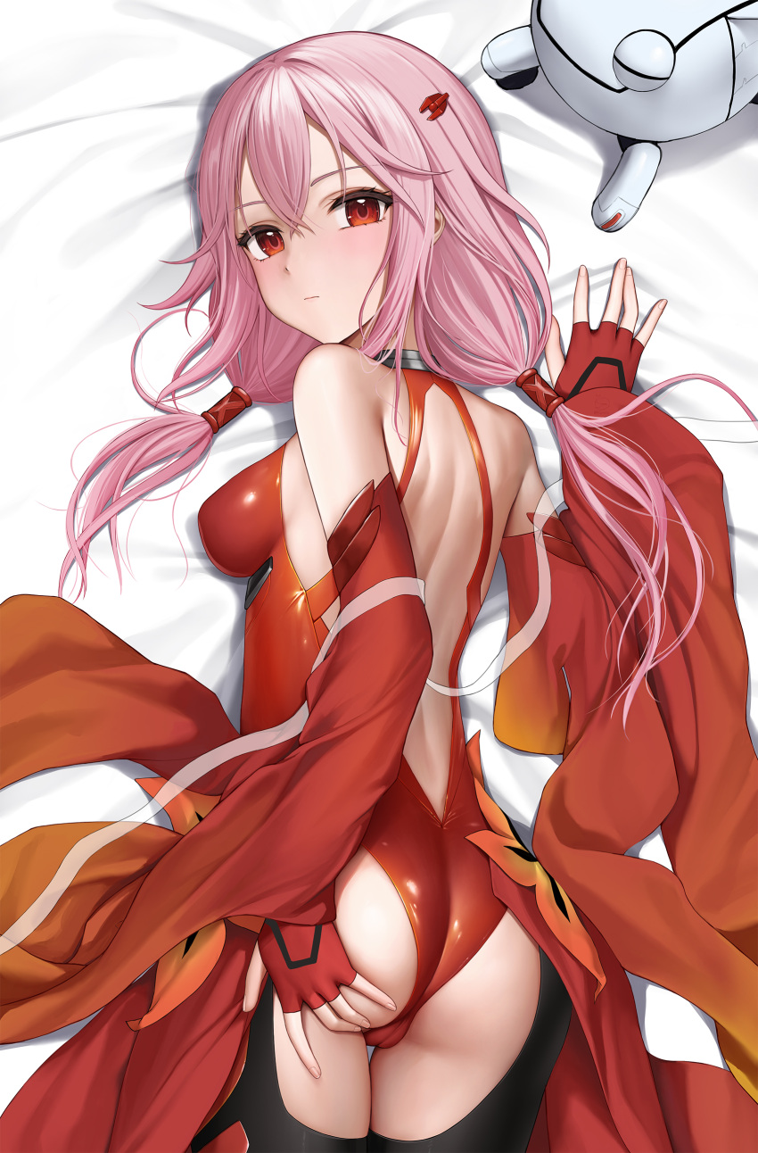 absurdres ass back back_cutout black_thighhighs blush breasts clothing_cutout dakimakura_(medium) female fingerless_gloves fyu-neru gloves guilty_crown hair_between_eyes hand_on_own_ass highres keine09 leotard long_hair looking_at_viewer looking_back median_furrow pink_eyes pink_hair red_gloves red_leotard solo thighhighs thighs twintails yuzuriha_inori