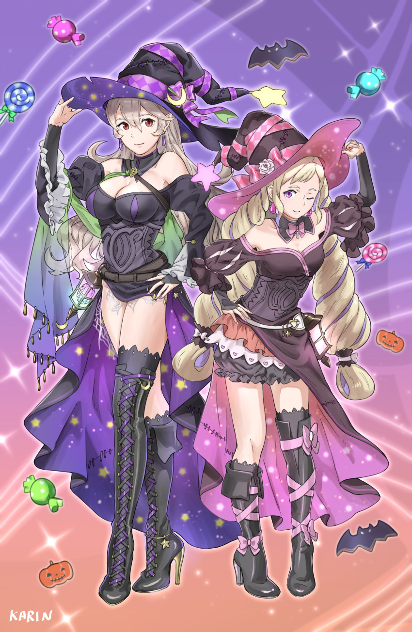 2girls ;) absurdres bare_shoulders black_dress black_footwear black_hat blonde_hair boots candy corrin_(female)_(fire_emblem) corrin_(fire_emblem) cross-laced_footwear dress elise_(fire_emblem) fire_emblem fire_emblem_fates fire_emblem_heroes food footwear_ribbon gradient_background grey_hair halterneck hand_up hat high_heel_boots high_heels highres juliet_sleeves karrincorrin lace-up_boots lollipop long_hair long_sleeves multiple_girls off-shoulder_dress off_shoulder official_alternate_costume one_eye_closed orange_background pink_ribbon pointy_ears puffy_sleeves purple_background ribbon smile standing thigh_boots thighs very_long_hair witch_hat