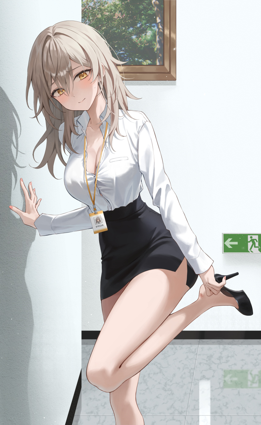 absurdres adjusting_footwear alternate_costume black_footwear black_skirt blush breasts brown_hair character_name cleavage closed_mouth dress_shirt exit_sign female fingernails foot_up hair_between_eyes high_heels highres honkai:_star_rail honkai_(series) id_card indoors lanyard large_breasts long_hair long_sleeves looking_at_viewer nea_(nea_77) office_lady painting_(object) partially_unbuttoned picture_frame reflection shirt skirt smile solo stelle_(honkai:_star_rail) tile_floor tiles trailblazer_(honkai:_star_rail) white_shirt yellow_eyes