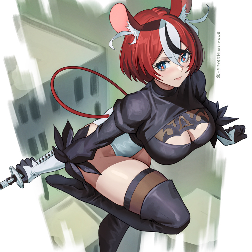 2b_(nier:automata) 2b_(nier:automata)_(cosplay) absurdres alternate_hairstyle animal_ear_fluff animal_ears black_hair blue_eyes boots breasts cleavage cleavage_cutout closed_mouth clothing_cutout commentary cosplay crossed_bangs double-parted_bangs feather-trimmed_sleeves feet_up female gloves hair_between_eyes hakos_baelz high_heel_boots high_heels highleg highleg_leotard highres holding holding_sword holding_weapon hololive hololive_english juliet_sleeves katana large_breasts leotard long_sleeves looking_at_viewer midair mouse_ears mouse_girl mouse_tail multicolored_hair nier:automata nier_(series) puffy_sleeves red_hair seventeencrows short_hair solo streaked_hair sword tail thigh_boots virtual_youtuber weapon white_gloves white_hair white_leotard