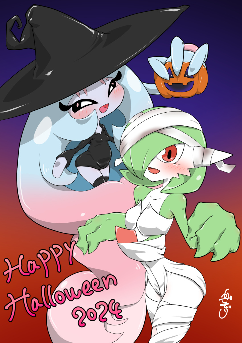 2girls absurdly_long_hair artist_name bandages black_dress black_hat black_sclera black_thighhighs blue_hair blush bob_cut breasts clothed_pokemon collarbone colored_sclera colored_skin commentary_request cowboy_shot dress english_text flat_chest gardevoir gradient_background gradient_hair green_hair green_skin grey_skin hair_over_one_eye half-closed_eyes halloween hands_up happy happy_halloween hat hatterene heart highres holding jack-o'-lantern kazamidoririnn long_hair long_sleeves looking_at_viewer multicolored_hair multicolored_skin multiple_girls mummy_costume narrow_waist one_eye_covered open_mouth partial_commentary pink_hair pokemon pokemon_(creature) prehensile_hair purple_background red_eyes short_dress short_hair sidelocks signature simple_background small_breasts smile standing thighhighs two-tone_background two-tone_hair two-tone_skin very_long_hair white_eyes white_skin wide_hips witch witch_hat zettai_ryouiki