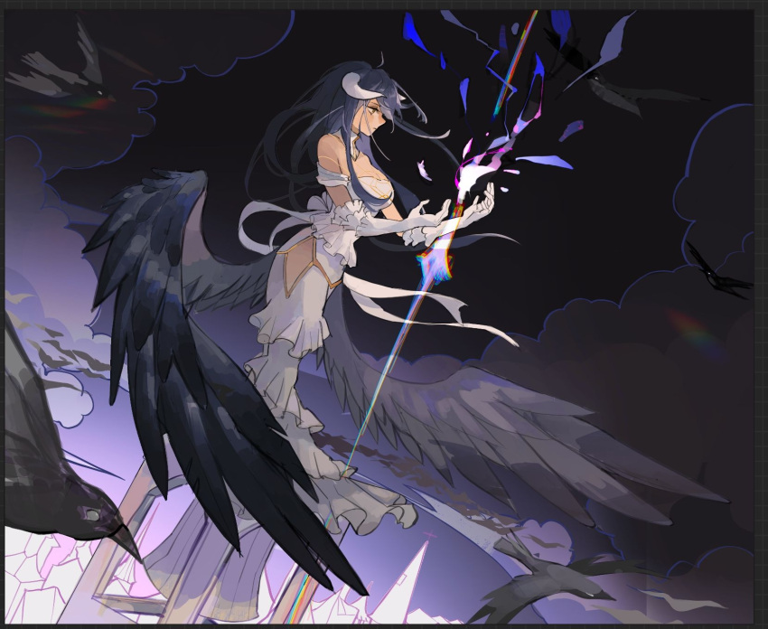 albedo_(overlord) black_wings breasts demon_girl demon_horns demon_wings dress feathered_wings female gloves highres horns large_breasts long_hair looking_at_viewer luejin overlord_(maruyama) solo very_long_hair white_dress white_gloves wings yellow_eyes