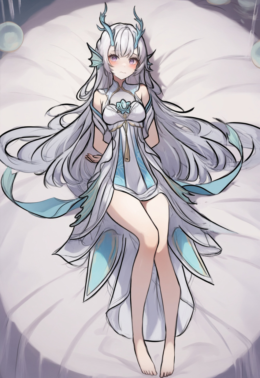 ai-assisted arms_behind_back bare_legs bare_shoulders barefoot blue_eyes blush breasts chinese_clothes chinese_commentary closed_mouth commentary dot_nose dragon_girl dress eastern_dragon_horns female fins frown full_body head_fins highres horns long_hair looking_at_viewer lying medium_breasts on_back on_bed paid_reward_available pigeon-toed purple_eyes short_dress solo toes tttttt wangzhe_rongyao white_dress white_hair xi_shi_(wangzhe_rongyao) xi_shi_(youlong_qingying)_(wangzhe_rongyao)