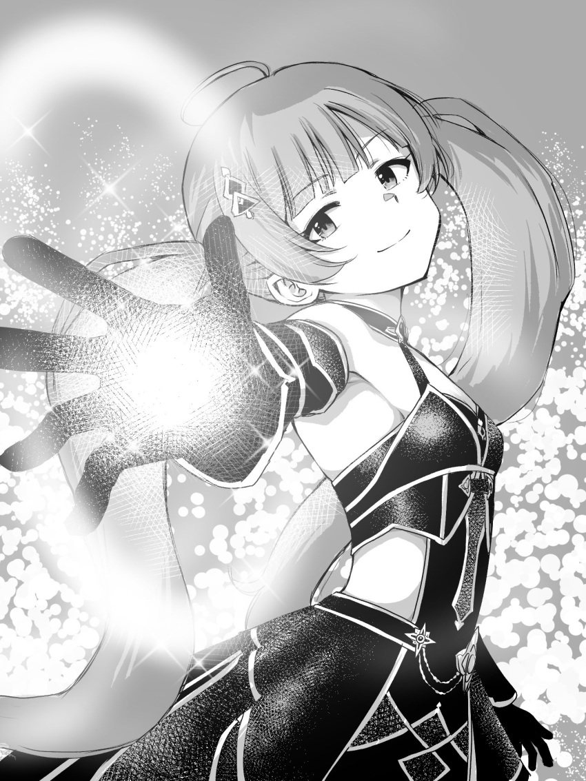 ahoge armpits aura bare_shoulders black_gloves blunt_bangs breasts dress eyelashes female from_side gloves greyscale hair_ornament hakozaki_serika halter_dress halterneck highres idolmaster idolmaster_million_live! idolmaster_million_live!_theater_days light_smile long_hair looking_at_viewer looking_to_the_side matcha_kingyo monochrome official_alternate_costume sideboob sidelocks small_breasts solo twintails very_long_hair wavy_hair