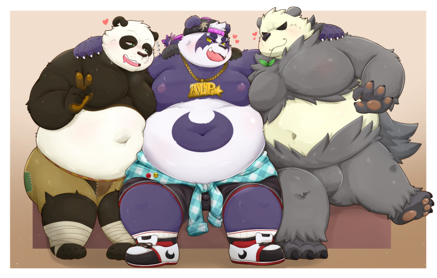 2024 96panda absurd_res alp_(tas) anthro bamboo bear belly big_belly black_white_body blush clothed clothing dreamworks fur generation_6_pokemon giant_panda group hat headgear headwear heart_symbol hi_res humanoid_hands jewelry kemono kung_fu_panda leaf lifewonders male male/male mammal master_po_ping moobs navel necklace nintendo nipples overweight overweight_anthro overweight_male pangoro pawpads paws pokemon pokemon_(species) purple_body purple_fur simple_background tokyo_afterschool_summoners topless trio