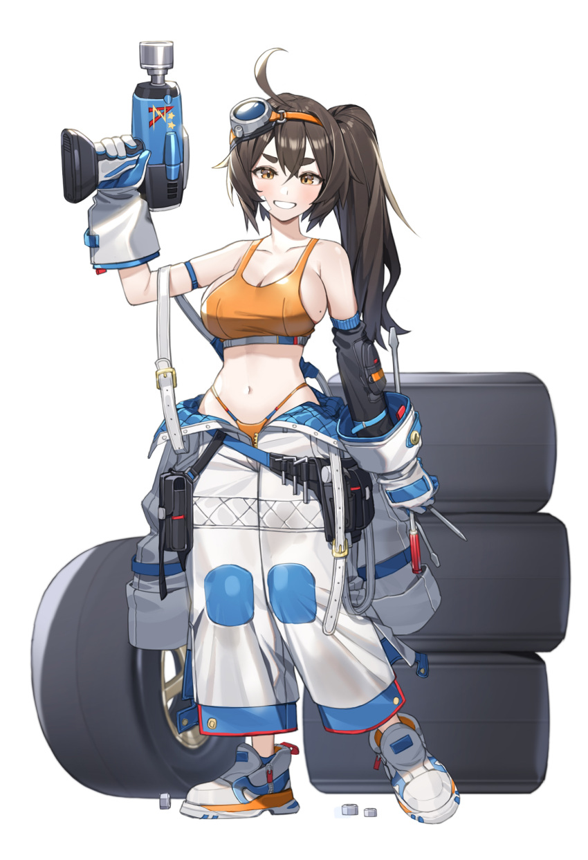 ahoge arm_up bandaid bandaid_on_cheek bandaid_on_face bare_shoulders bikini bikini_under_clothes breasts brown_hair buckle cleavage elbow_gloves female full_body gloves hammer highres holding holding_screwdriver holding_tool impact_wrench large_breasts long_hair looking_at_viewer mole mole_on_breast navel nut_(hardware) orange_bikini original piyo_(piyo8415) pouch screw screwdriver shoes side_ponytail simple_background solo standing swimsuit thick_eyebrows tire v-shaped_eyebrows white_background white_footwear white_gloves yellow_eyes