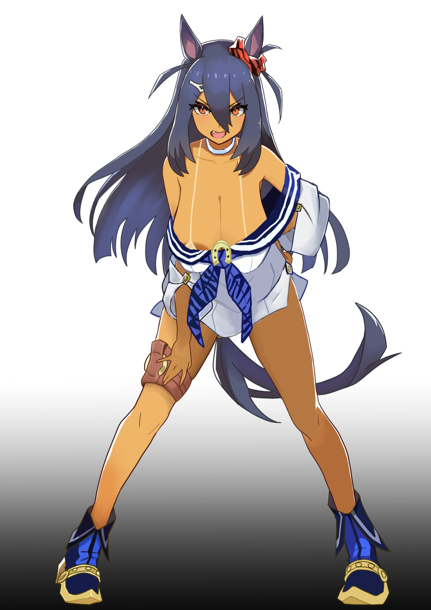 absurdres animal_ears bare_shoulders blue_footwear blue_hair blue_neckerchief boots bra breasts chai_z_(xzon) cleavage dark-skinned_female dark_skin female full_body gradient_background hair_between_eyes hair_ornament hairclip hand_on_own_hip highres hishi_amazon_(umamusume) horse_ears horse_girl horse_tail large_breasts long_hair long_sleeves neckerchief oerba_yun_fang off-shoulder_shirt off_shoulder open_mouth red_eyes shirt solo tail thigh_strap umamusume underwear very_long_hair white_shirt