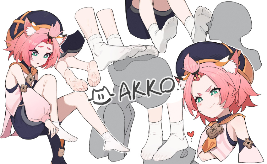 absurdres animal_ear_fluff animal_ears barefoot blue_eyes cat_ears diona_(genshin_impact) feet female foot_focus foot_on_another's_face genshin_impact hat heart highres lan_mao_akko licking licking_foot long_sleeves multiple_views no_shoes pink_hair puffy_long_sleeves puffy_sleeves removing_shoes signature simple_background socks sweat v-shaped_eyebrows white_background white_socks