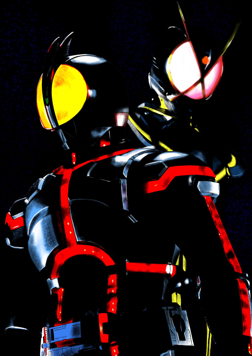 2boys 4ze_meteor antennae dark glowing glowing_eyes highres kamen_rider kamen_rider_555 kamen_rider_faiz kamen_rider_kaixa male_focus multiple_boys neon_trim rider_belt tokusatsu