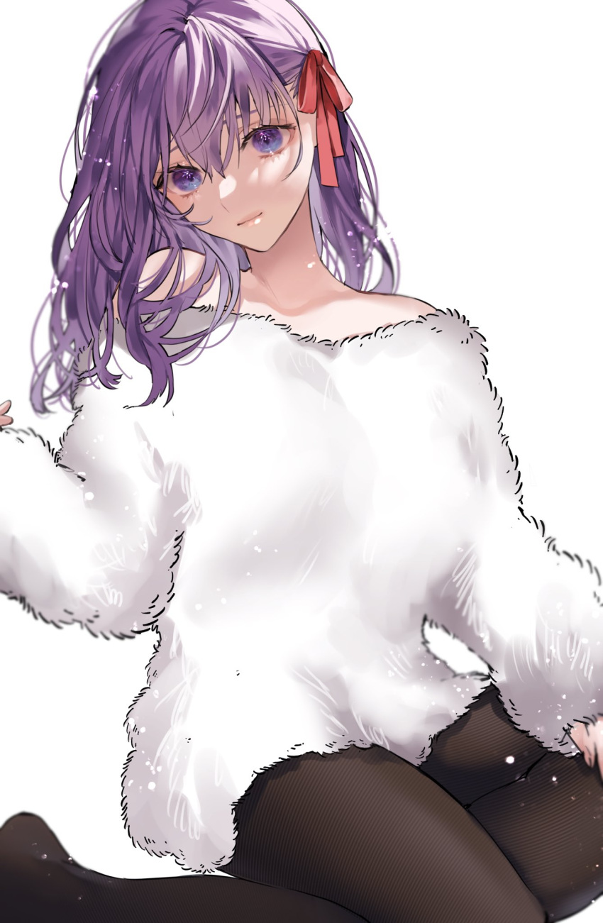 bare_shoulders black_pantyhose breasts fate/stay_night fate_(series) feet_out_of_frame female fur_sweater hair_between_eyes hair_ribbon head_tilt highres light_smile long_hair looking_at_viewer matou_sakura off-shoulder_shirt off_shoulder pantyhose purple_eyes purple_hair red_ribbon ribbon shimatori_(sanyyyy) shirt simple_background sitting solo white_background