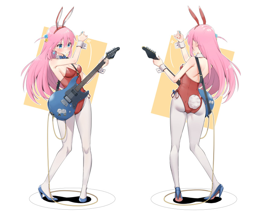 absurdres animal_ears ass blue_bow blue_bowtie blue_eyes bocchi_the_rock! bow bowtie breasts chen_yang_yang cosplay cube_hair_ornament daicon_bunny_girl daicon_bunny_girl_(cosplay) daicon_iv earrings electric_guitar fake_animal_ears fake_tail female fender_mustang flcl from_behind full_body gotoh_hitori guitar hair_ornament hairband haruhara_haruko haruhara_haruko_(cosplay) high_heels highres holding holding_instrument holding_plectrum ijichi_nijika instrument jewelry kita_ikuyo leotard long_hair medium_breasts multiple_views pantyhose parted_lips pink_hair playboy_bunny plectrum rabbit_ears rabbit_tail red_hairband red_leotard side_ahoge sticker strap tail white_pantyhose wire yamada_ryo yamaha_pacifica