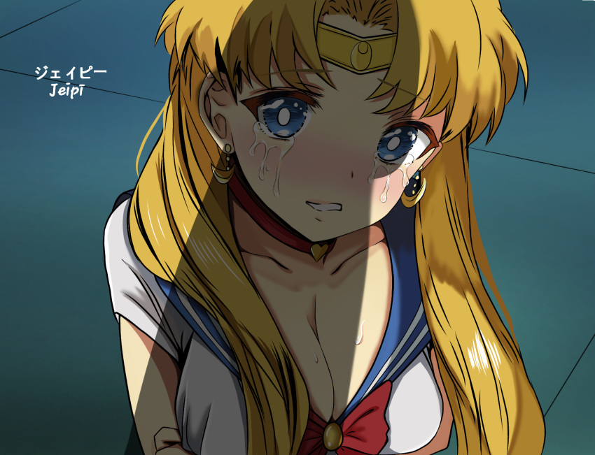 1boy bad_id bad_pixiv_id bishoujo_senshi_sailor_moon bishoujo_senshi_sailor_moon_s blonde_hair blue_eyes blue_sailor_collar blush bow breasts choker circlet cleavage collarbone commentary crescent crescent_earrings crying derivative_work diadem earrings female hair_over_shoulder heart heart_choker highres jewelry john_mangalile large_breasts long_hair magical_girl meme nose_blush parted_bangs parted_lips penis_shadow red_bow red_choker sailor_collar sailor_moon sailor_moon_redraw_challenge_(meme) sailor_senshi_uniform screenshot_redraw shadow straight tears tsukino_usagi twintails upper_body