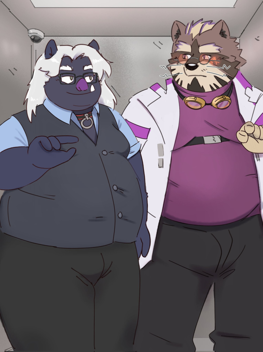 anthro black_body black_fur brown_body brown_fur clothing coat collar duo elevator eyewear flirting fur glasses goggles hair hi_res jamiephut lab_coat lifewonders live_a_hero male male/male mammal overweight overweight_male procyonid raccoon snoboar_(character) suid suina sus_(pig) topwear vest viscunam white_hair wild_boar