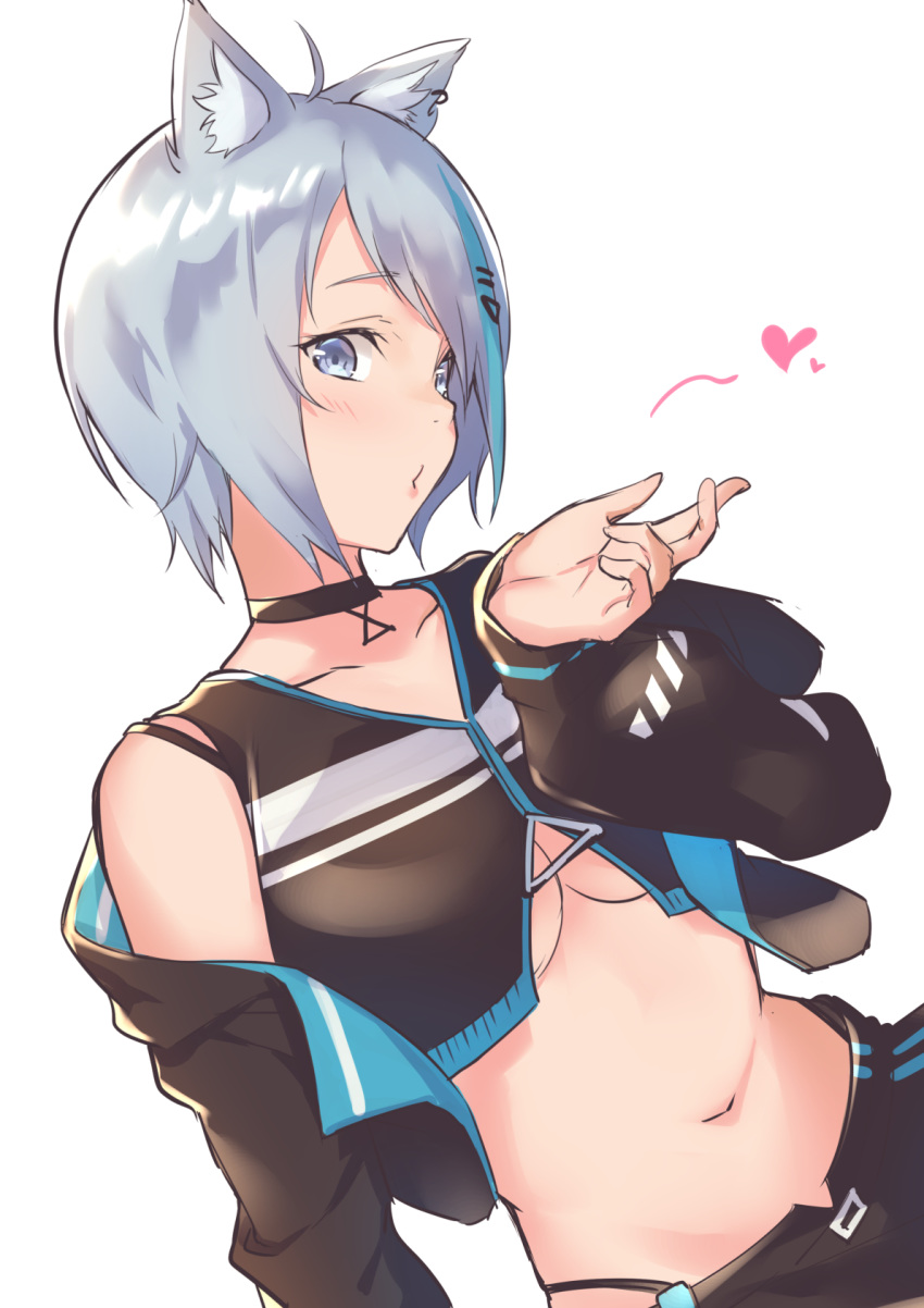 animal_ears animare bare_shoulders black_choker black_jacket blowing_kiss blue_eyes blue_hair blush breasts choker cowboy_shot crop_top dog_ears female from_side hair_ornament hanerilove heart highres jacket long_sleeves looking_at_viewer nanashi_inc. navel off_shoulder one-hour_drawing_challenge short_hair smile solo souya_ichika souya_ichika_(4th_costume) underboob virtual_youtuber