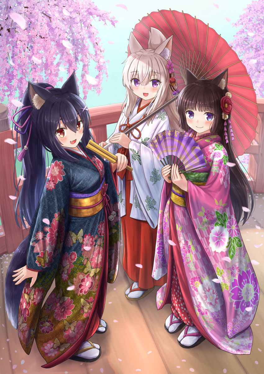 3girls :d absurdres animal_ear_fluff animal_ears black_footwear black_hair black_kimono blue_eyes blunt_bangs blush brown_eyes brown_footwear brown_hair cat_ears closed_mouth commentary_request day floral_print folded_ponytail folding_fan fox_ears hair_between_eyes hair_ornament hair_ribbon hairclip hakama hakama_skirt hand_fan highres holding holding_fan holding_umbrella iroha_(iroha_matsurika) japanese_clothes kimono koyoi_(iroha_(iroha_matsurika)) kunoichi-chan_(iroha_(iroha_matsurika)) long_hair miko multiple_girls mutsuki_(iroha_(iroha_matsurika)) obi oil-paper_umbrella original outdoors petals pink_kimono print_kimono purple_eyes purple_ribbon railing red_hakama red_umbrella ribbon river sandals sash skirt smile tabi tail umbrella very_long_hair water white_footwear white_kimono wolf_ears wolf_girl wolf_tail x_hair_ornament zouri